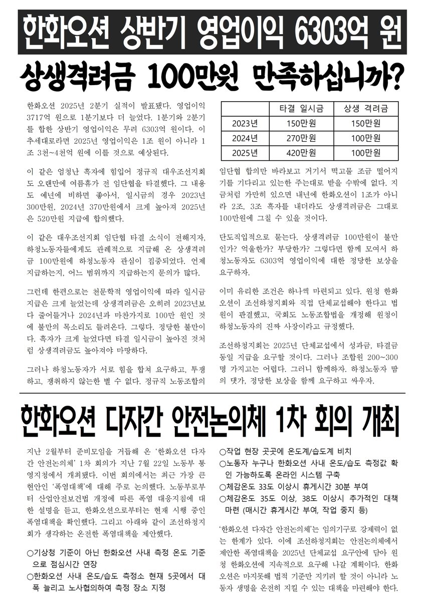 ○ 노동조합법 개정안 국회 환경노동위 통과 = "한화오션이 진짜 사장이다"
○ 서울행정법원 부당노동행위 판결 = "한화오션은 단체교섭에 응하라"
○ 한화오션 상반기 영업이익 6303억 원 = 상생격려금 100만원 만족하십니까?
○ 한화오션 다자간 안전논의체 1차 회의 개최