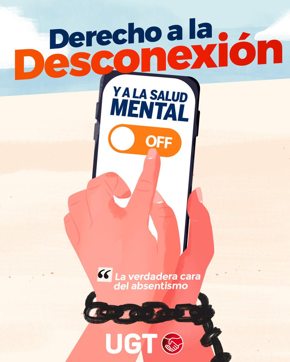 ⚠️ Desconectar no es un privilegio, es un derecho 

📴 ¿Derecho a la desconexión digital? Sí, desconectar del curro (estar 'offline') está relacionado directamente con la salud mental y los riesgos psicosociales en el entorno laboral

🔗 Informe: ugt.es/desconexion-di…