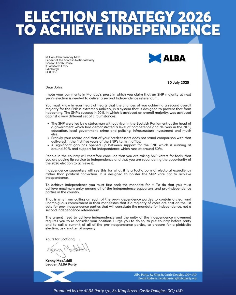 AlbaParty's tweet image. ALBA Party Leader Kenny MacAskill has written to First Minister John Swinney, urging him to row back on his independence strategy 👇🏴󠁧󠁢󠁳󠁣󠁴󠁿

✍️ &quot;Independence supporters will see this for what it is a tactic born of electoral expediency rather than political conviction.&quot;