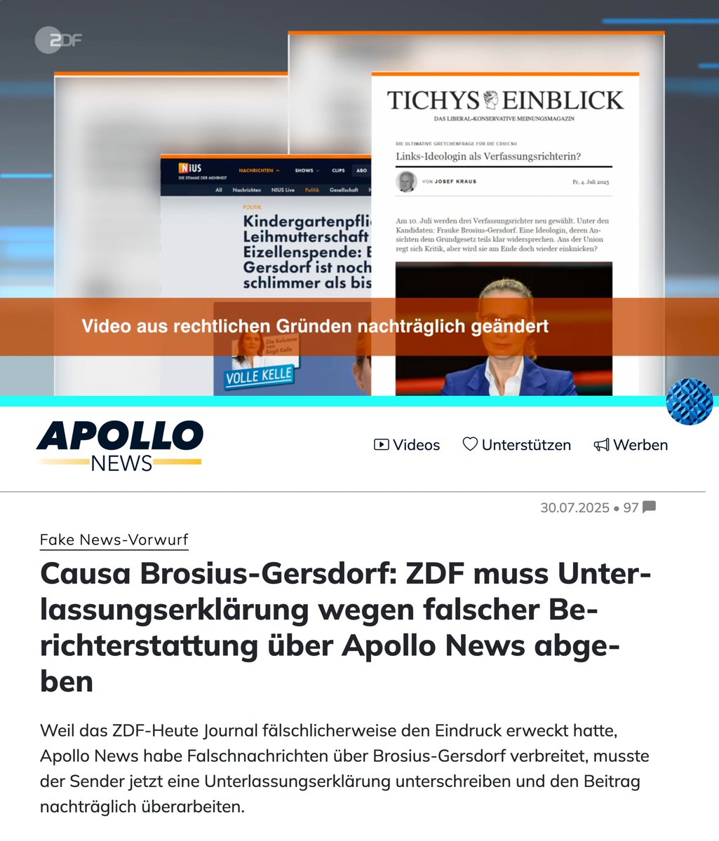 Das ZDF musste eine Unterlassungserklärung unterschreiben und die Apollo News-Screenshots in dem Beitrag unkenntlich machen. 

Haben <a href="/niusde_/">NIUS</a>  und <a href="/TichysEinblick/">Tichys Einblick</a>  bisher nicht gegen das ZDF geklagt? Die Screenshots ihrer Artikel sind in der geänderten Version immer noch zu