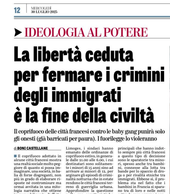 “La fine della civiltà”

Ormai ostaggio della violenza perpetrata da gang di giovani immigrati e “nuovi francesi”, invece di punire e rimpatriare i delinquenti, la Francia che fa?

👉 Impone un coprifuoco in 15 città francesi destinato a tutti i minorenni

I ragazzini francesi,