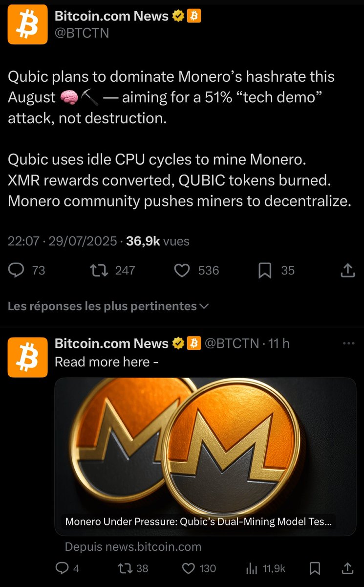 🧠⛏️ $Qubic is not here to destroy. It’s here to demonstrate superiority.

This August, we’re taking over Monero’s hashrate, not with chaos, but with precision.
A 51% tech demo. No fear. No failure.

💥 Bitcoin.com News just talked about us again.
The noise is
