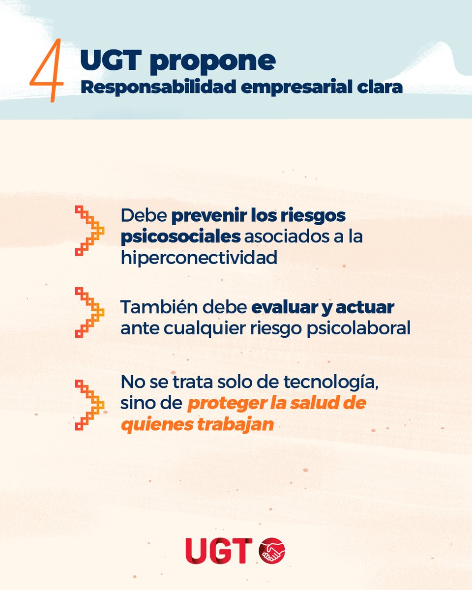 ‼️Desde #UGT proponemos un reconocimiento real de este derecho, cambios legislativos urgentes, así como su incorporación en la protección frente a riesgos laborales

➡️ Las empresas tienen una responsabilidad clara y directa: no se trata solo de tecnología, sino de proteger la