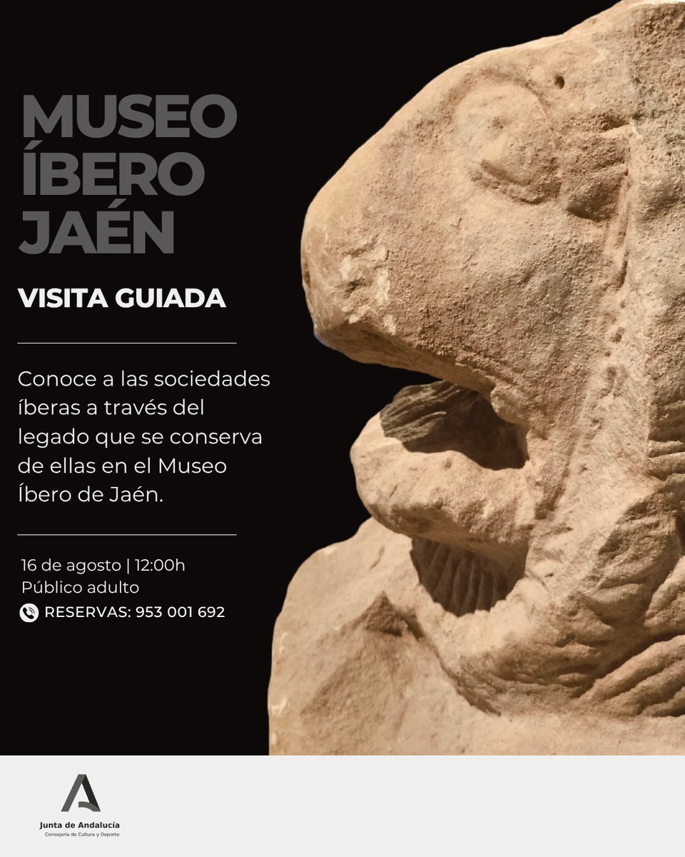 Museo Íbero de Jaén (@museo_ibero) on Twitter photo Conoce a las sociedades íberas a través del legado que conservamos de ellas en el Museo Íbero de Jaén
¡Apúntate a nuestra visita guiada!
📆 16 de agosto a las 12:00h
<a href="/culturayPHJaen/">Cultura #Jaén</a> <a href="/CulturaAND/">Cultura Junta de Andalucía</a> Conoce a las sociedades íberas a través del legado que conservamos de ellas en el Museo Íbero de Jaén
¡Apúntate a nuestra visita guiada!
📆 16 de agosto a las 12:00h
<a href="/culturayPHJaen/">Cultura #Jaén</a> <a href="/CulturaAND/">Cultura Junta de Andalucía</a>