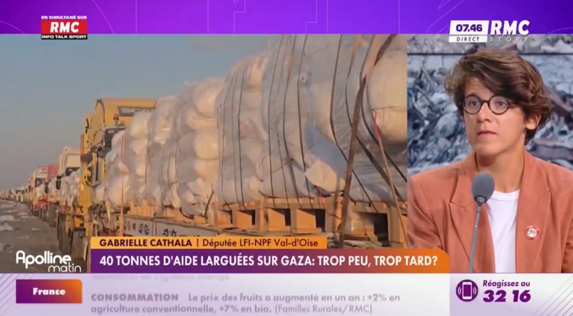 Il faut saluer le courage inouï de cette femme !
dimanche : "Kidnappée" par les autorités israéliennes à bord du Handala
lundi : grève de la faim de 8h (elle a donc sauté 1 repas)
mardi : retour à Paris
mercredi matin : sur les plateaux TV de Rodolphe Saadé
😂