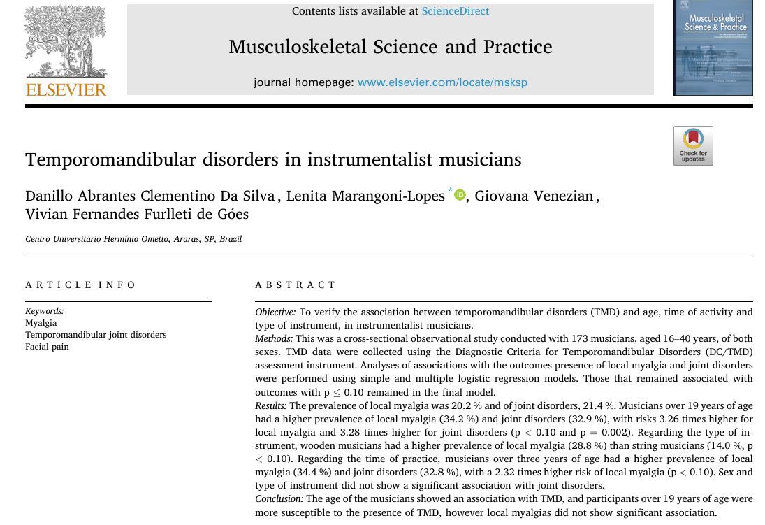 An interesting study published in our latest issue titled 'Temporomandibular disorders in instrumentalist musicians'
The study revealed the following key aspects:
a) Musicians >19 years old had 3x higher risk of local myalgia and joint disorders

b) 3 years of instrumental