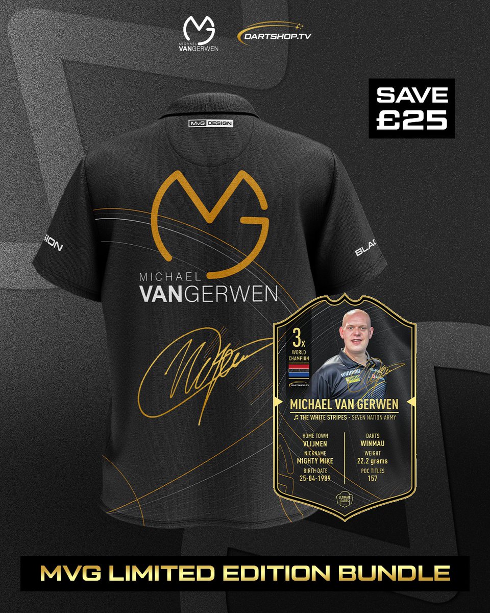 🟢⚫️GET YOURSELF A BARGAIN MVG BUNDLE FROM DARTSHOP!

You can grab a Michael van Gerwen Winmau Anniversary Collection deal at a fantastic price now from DARTSHOP!

Bundle one features a signed unique one-off playing shirt, as well as a signed Ultimate Darts Card and signed set of