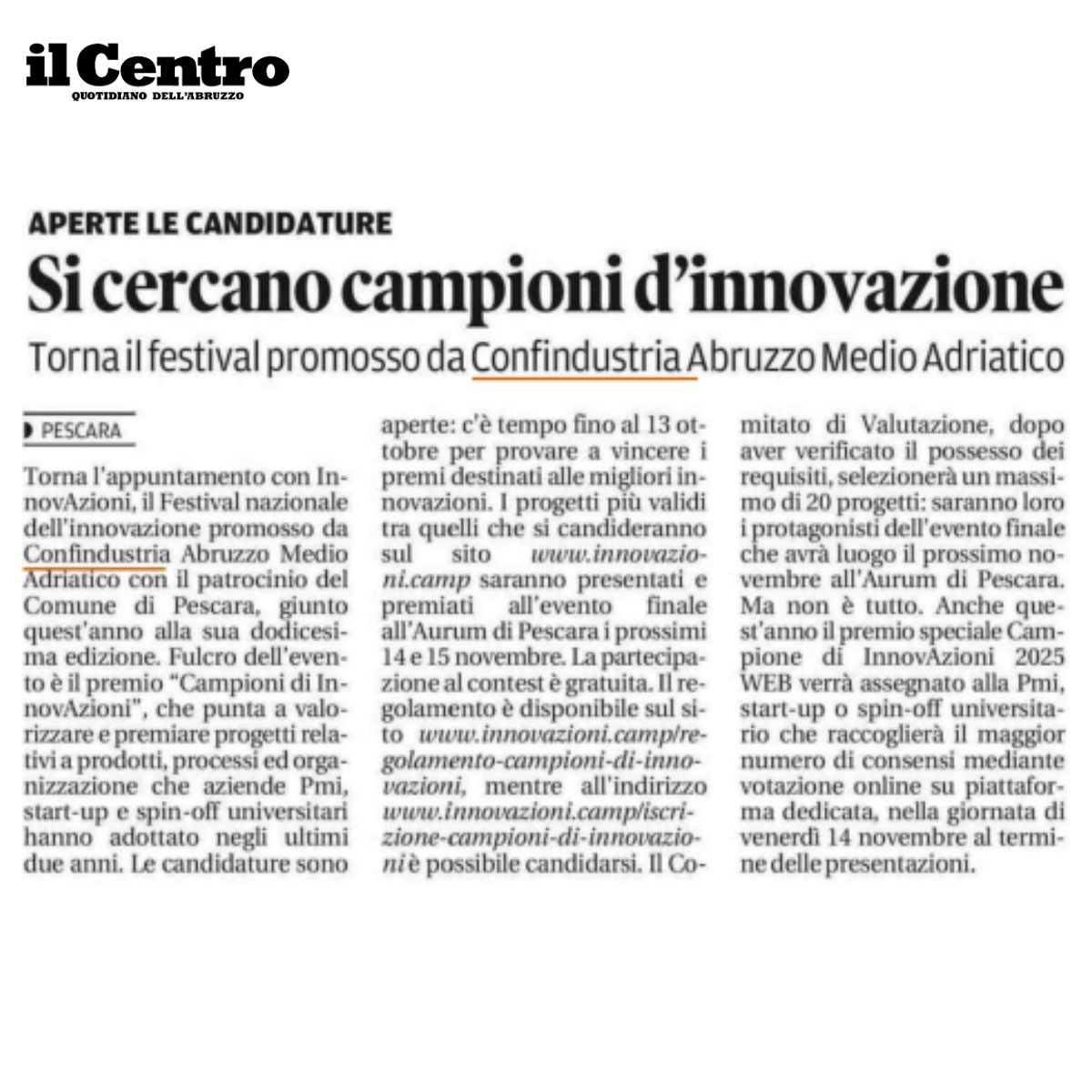 🏆 Sono aperte le candidature per il contest nazionale Campioni di InnovAzioni 2025!
📅 Hai tempo fino al 13 ottobre
📍 Evento finale a Pescara il 14-15 novembre
💡 Partecipa gratis e fai brillare il tuo progetto!
👉 Candidati su: innovazioni.camp