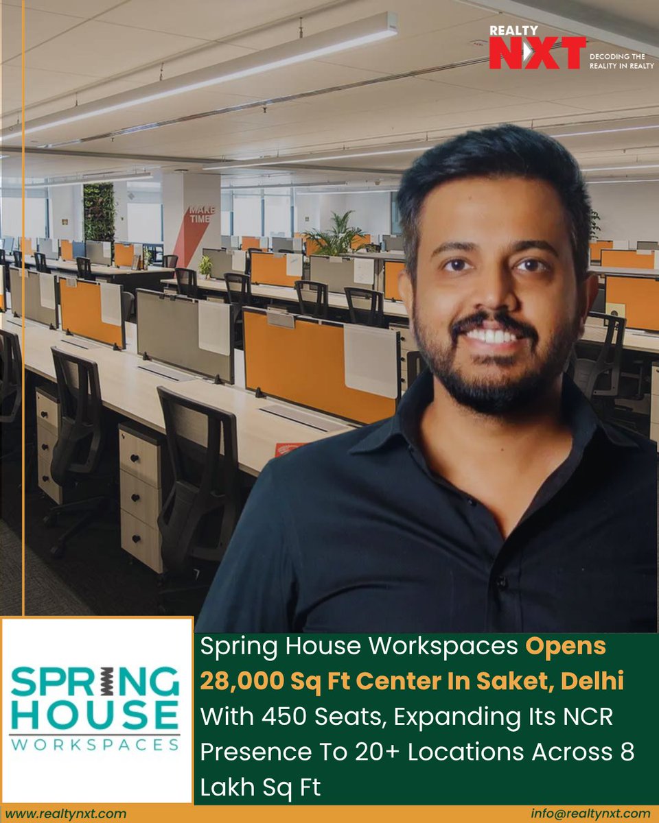 RealtyNXT's tweet photo. #News | Spring House Workspaces has expanded its presence in Delhi-NCR with a new 28,000 sq ft co-working center in Saket, accommodating 450 seats, driven by rising demand from corporates for flexible workspaces. 
#RealtyNXT #SpringHouse #CoworkingSpace #DelhiStartups https://t.co/U6O5uuxMOT