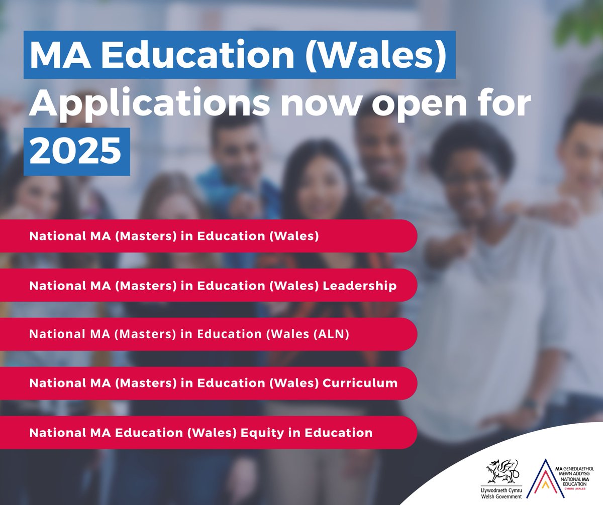 Take your teaching career to the next level with the National MA Education (Wales).
 
Welsh Government funding available (subject to eligibility).
 
Apply now via:
 
Aberystwyth | Bangor | Cardiff Met | Wrexham | Swansea | USW | UWTSD
 
More:
nationalmaeducation.wales