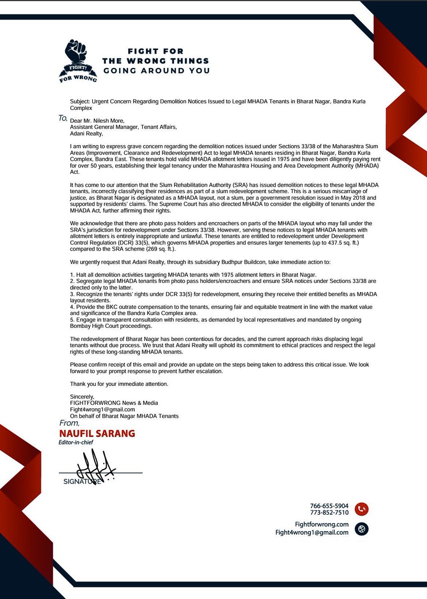 Fight4wrong 🇮🇳 (@fight4wrong) on Twitter photo Urgent: MHADA tenants in Bharat Nagar, Bandra Kurla Complex, face SRA demolition notices despite legal tenancy since 1975. <a href="/adanirealty/">Adani Realty</a> must halt actions and respect tenant rights. #MHADATenants #JusticeForTenants #BandraKurla <a href="/mhadaofficial/">MHADA</a> <a href="/SJaiswal_IAS/">Sanjeev Jaiswal (I.A.S.)</a> <a href="/VarshaEGaikwad/">Prof. Varsha Eknath Gaikwad</a> Urgent: MHADA tenants in Bharat Nagar, Bandra Kurla Complex, face SRA demolition notices despite legal tenancy since 1975. <a href="/adanirealty/">Adani Realty</a> must halt actions and respect tenant rights. #MHADATenants #JusticeForTenants #BandraKurla <a href="/mhadaofficial/">MHADA</a> <a href="/SJaiswal_IAS/">Sanjeev Jaiswal (I.A.S.)</a> <a href="/VarshaEGaikwad/">Prof. Varsha Eknath Gaikwad</a>