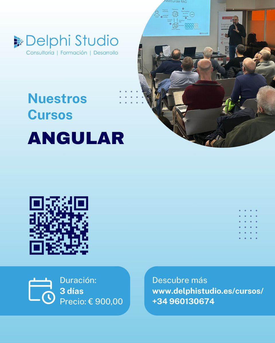 delphistudio_es's tweet image. Un curso intensivo de desarrollo de tres días con Angular y Typescript, para conocer todas las noticias y los potenciales del nuevo framework de Google.

Información ➡ delphistudio.es/cursos/angular/