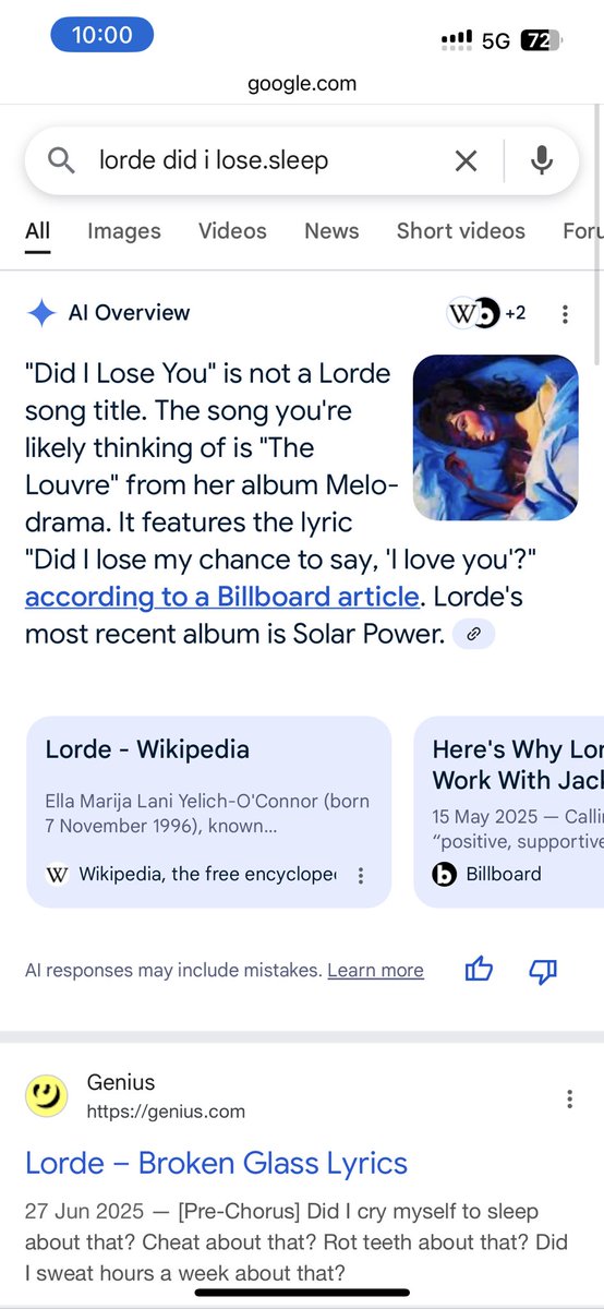 classic example of google mangling search. you google a slightly wrong lyric and the first actual search result is exactly what you want - but the AI summary makes a stupid leap to assume you are talking about a totally different song, then adds incorrect extra info