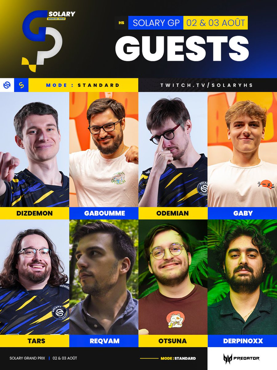 Solary (@solarytv) on Twitter photo Les 8 invités de ce Solary GP by <a href="/PredatorFrance/">Predator Gaming 🇫🇷</a> sont très très énervés 🥶
<a href="/Gaboumme_HS/">{DMT} Gaboumme</a> l @GabyHS59
<a href="/OdemianHS/">SLY Odemian</a> l <a href="/Tars_HS/">SLY Tars</a>
<a href="/DizdemonHS/">SLY Dizdemon</a> l @Derpinoxhs
<a href="/reqvamhs/">reqvam</a> l <a href="/OtsunaFR/">Killian 'Otsu'</a> Les 8 invités de ce Solary GP by <a href="/PredatorFrance/">Predator Gaming 🇫🇷</a> sont très très énervés 🥶
<a href="/Gaboumme_HS/">{DMT} Gaboumme</a> l @GabyHS59
<a href="/OdemianHS/">SLY Odemian</a> l <a href="/Tars_HS/">SLY Tars</a>
<a href="/DizdemonHS/">SLY Dizdemon</a> l @Derpinoxhs
<a href="/reqvamhs/">reqvam</a> l <a href="/OtsunaFR/">Killian 'Otsu'</a>