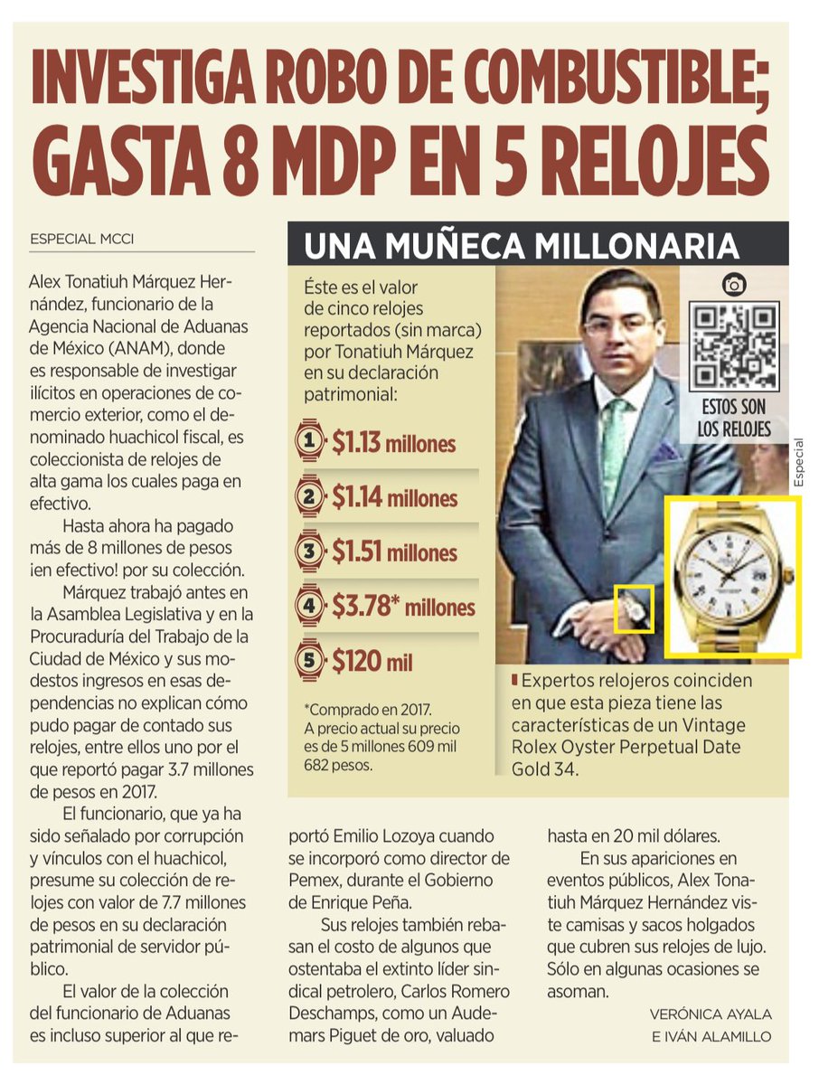 Jorge Triana (@jtrianat) on Twitter photo El "zar anticorrupción" de Aduanas, Alex Tonatiuh Márquez, está acusado de huachicol fiscal. Vive escoltado en Polanco y presume relojes de lujo de 8 mdp.
Lo puso en el cargo Rafael Marín Mollinedo, titular de Aduanas… y primo de Nico, el chofer de <a href="/lopezobrador_/">Andrés Manuel</a>.
Unas ratas. El "zar anticorrupción" de Aduanas, Alex Tonatiuh Márquez, está acusado de huachicol fiscal. Vive escoltado en Polanco y presume relojes de lujo de 8 mdp.
Lo puso en el cargo Rafael Marín Mollinedo, titular de Aduanas… y primo de Nico, el chofer de <a href="/lopezobrador_/">Andrés Manuel</a>.
Unas ratas.
