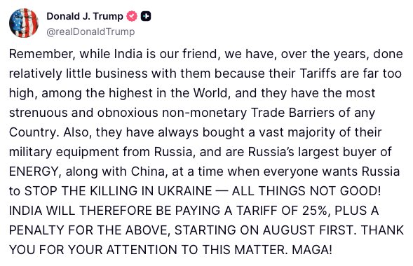 मोदी की विदेश नीति ‘ताश के पत्तों’ की तरह एक बार फिर ढही‼️

अमेरिका के राष्ट्रपति डोनाल्ड ट्रंप ने भारत पर 25% टैरिफ की घोषणा के साथ ही, अमेरिका के हित में निर्णय ना लेने पर Penalty वसूलने की भी धमकी दी है।

जिस मोदी सरकार ने खुद को "विश्वगुरु" बताया, वह इस अपमानजनक कदम पर पूरी