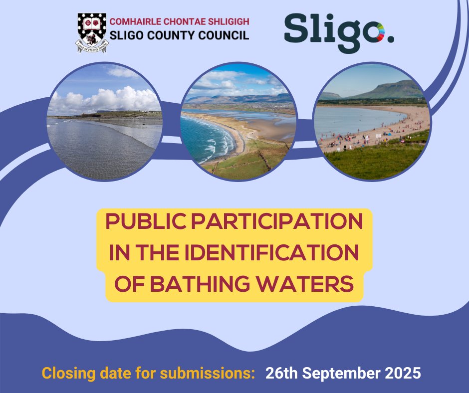If you wish to propose your favourite beach/river etc. as a new bathing water site or comment on an existing site please submit your proposal or comments to us.

Closing date: 26th September 2025.

Full details: ow.ly/Aczy50W1nlP
#BathingWaters #Beaches #Sligo