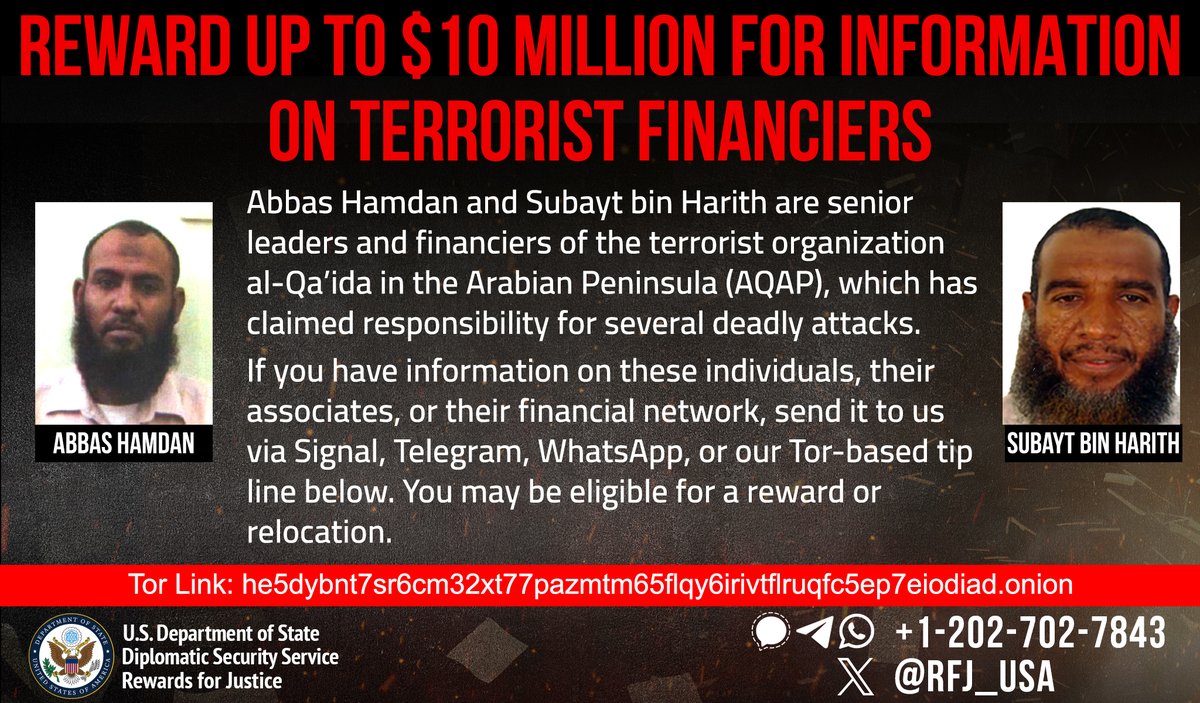 These men help run the financial networks of the terrorist group al-Qa'ida in the Arabian Peninsula. They help fund violence and murder.

If you have information about them, contact us. Your tip could make you eligible for a reward or relocation.