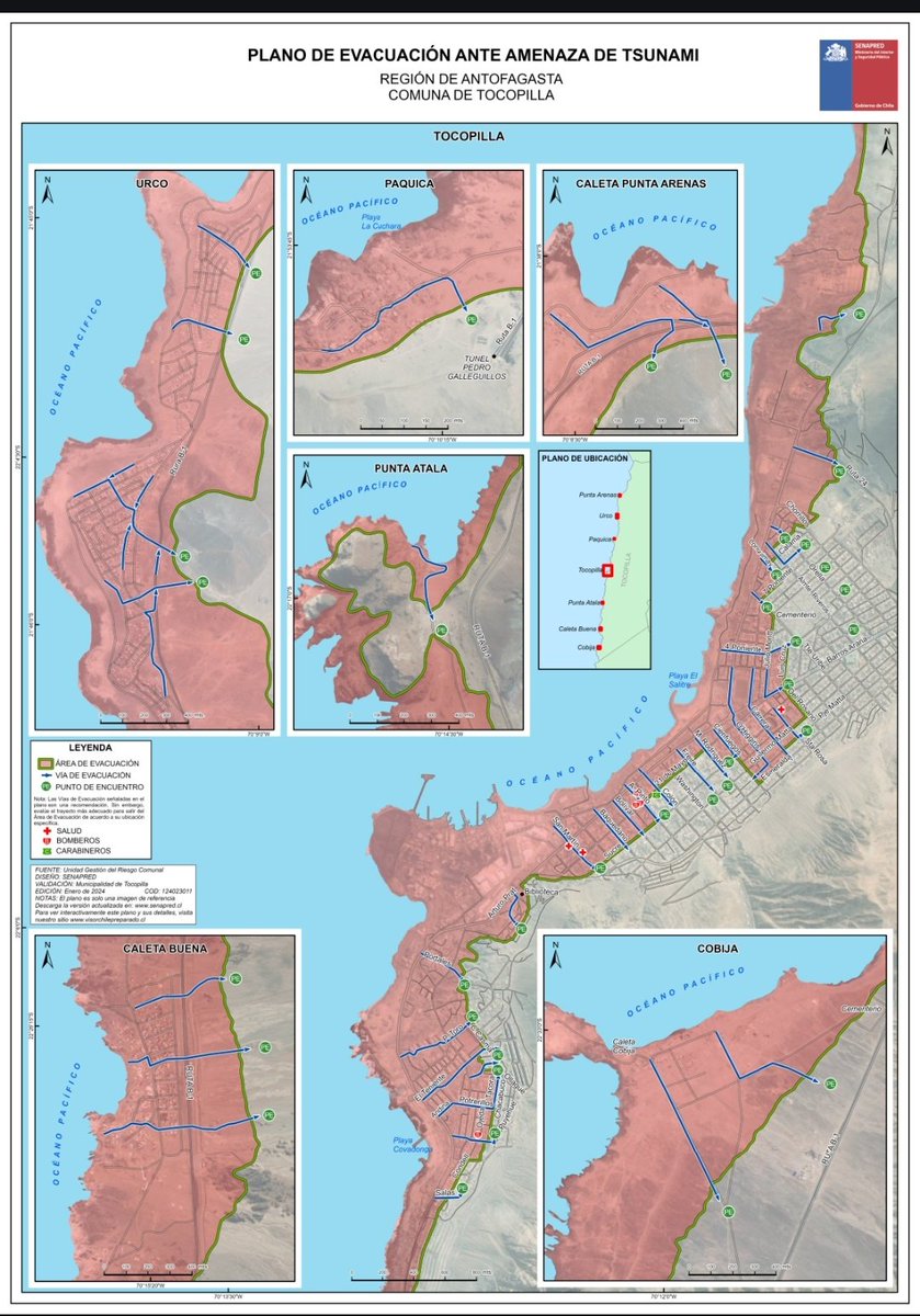 🔴 Compartimos Plano de Evacuación comuna de #TOCOPILLA ante amenaza de #Tsunami
⚠️Llamamos a la calma ante la evacuación programada
⚠️Recordamos seguir indicaciones e infórmese por canales oficiales
🚨Ya estamos desplegados con seguridad, orientación y resguardo.
#OrdenYPatria