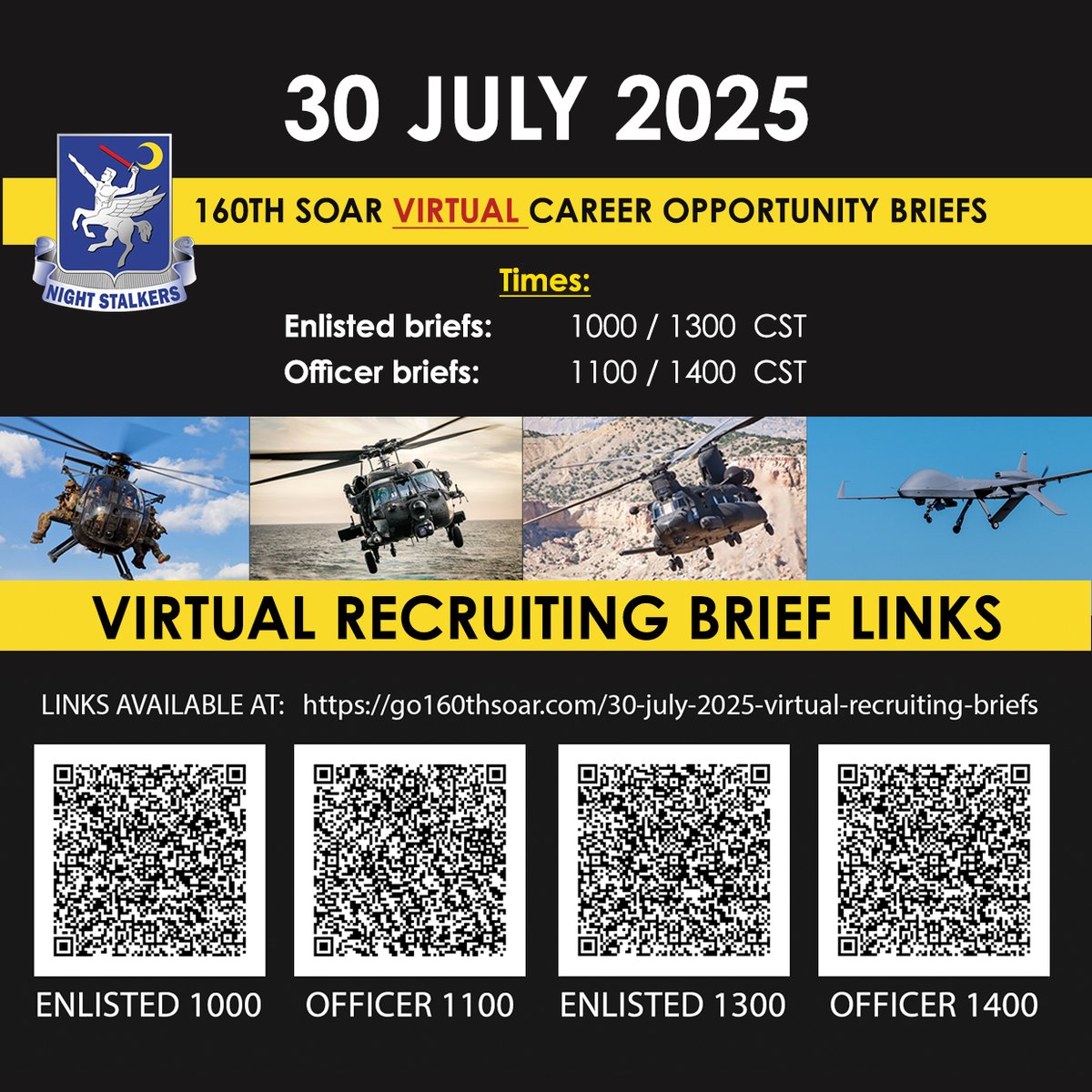 TODAY! WEDNESDAY 30 July 2025. The 160th SOAR Recruiting Team will hold a special VIRTUAL event on Microsoft Teams. Learn More &amp; Apply at go160thSOAR.COM. Meeting Links available at: go160thsoar.com/30-july-2025-v… 

#SpecialOperationsAviation #GoArmySOF #GoBeyondTheConventional
