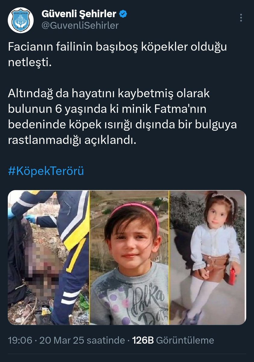 Bundan 4 ay önce Ankara Altındağ'da 6 yaşındaki Fatma'yı başıboş köpekler parçalayarak öldürdü. Altındağ Belediye Başkanı <a href="/DrVeyselTiryaki/">Dr. Veysel Tiryaki</a> bu çocuk hakkında açıklama yapmaya bile tenezzül etmedi.

Açıklamasına dikkat edin insanların can güvenliğine dair tek kelime yok. Can