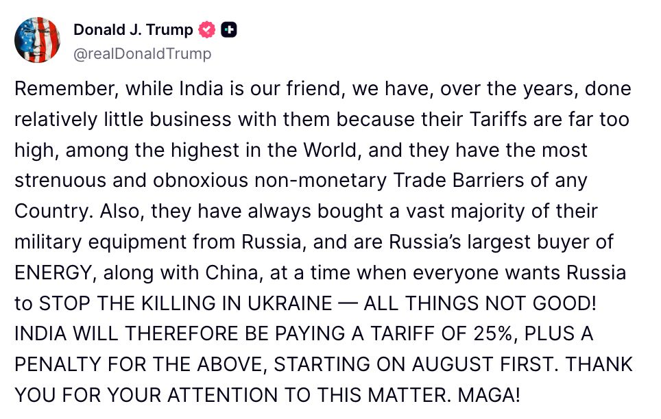 BREAKING: 🔥🚨
Trump says US will impose a 25% tariff on India 
and charge a penalty for purchasing military equipment and energy from Russia
#Trump #25%