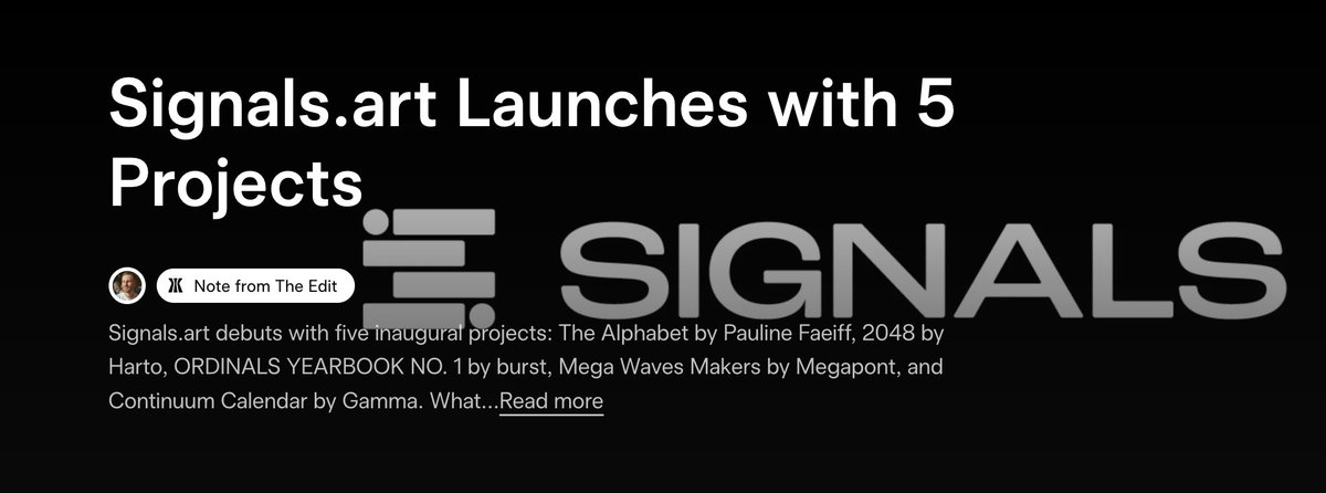 <a href="/SignalsArt/">Signals</a> launches with 5 Projects including <a href="/harto_fr/">Harto</a> <a href="/PaulineFaieff/">Pauline 🦋</a> <a href="/burst_cryptoart/">burst_</a> and <a href="/MegapontNFT/">Megapont</a> 

Read: gamma.io/the-edit