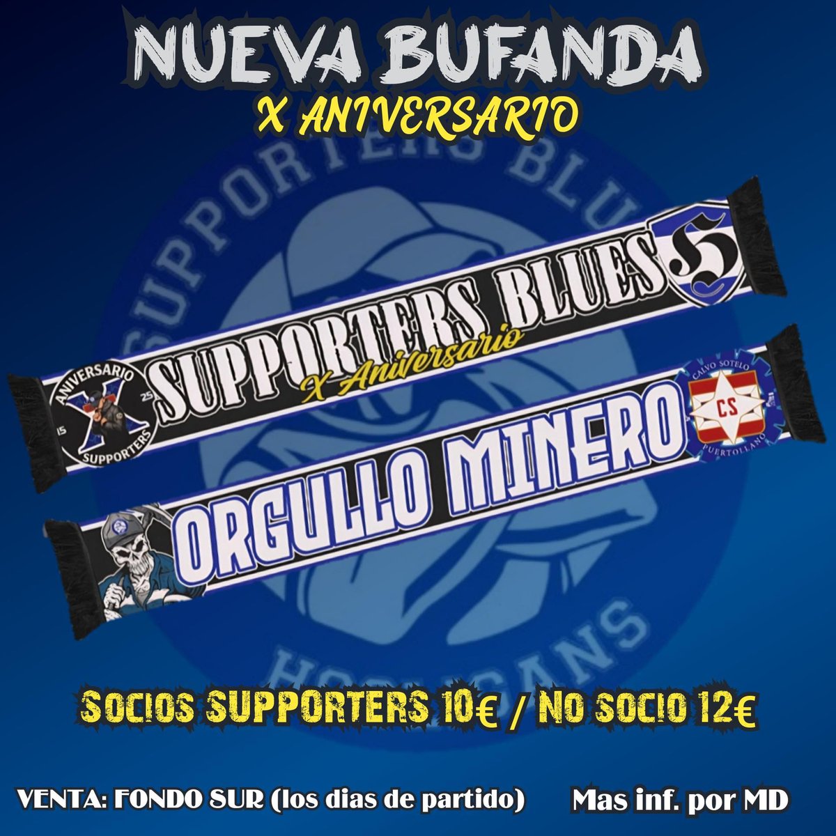 Vamos con la primera de las sorpresas de este X Aniversario..😈 
    ¡Bufanda conmemorativa! 
-10€ Socios Supporters Blues
-12€ No socios 
¡Hazte con la tuya!