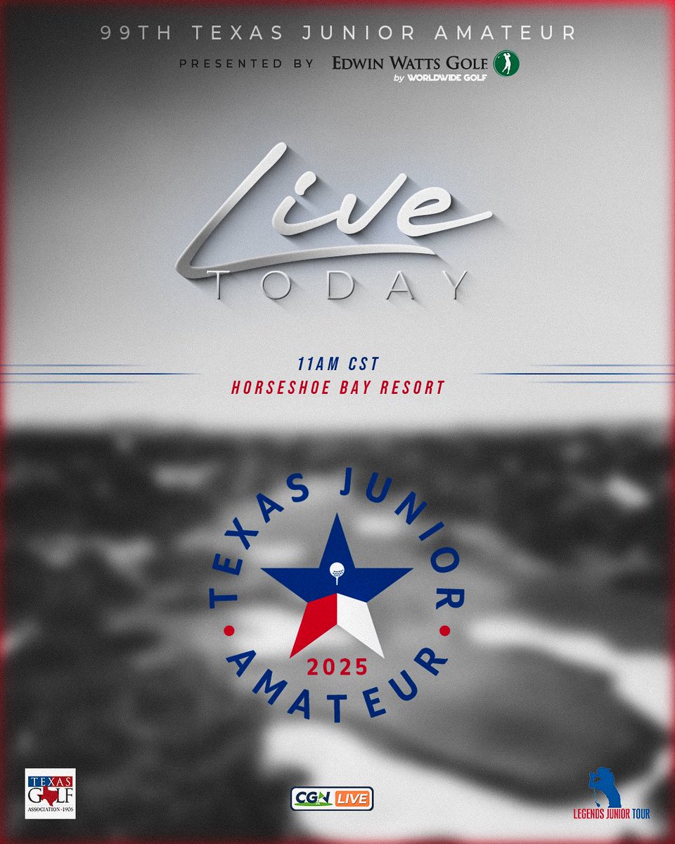 CGN (@collegegolfnw) on Twitter photo Live today. Tune in for final round coverage from Horseshoe Bay Resort for the Texas Junior Amateur presented by Edwin Watts. Livestream coverage begins at 11 AM CST on YouTube.
<a href="/edwinwattsgolf/">Edwin Watts Golf</a> <a href="/legendsjrtour/">Legends Junior Tour</a> @worldwidegolfshops @texasgolfassociation
This prestigious event Live today. Tune in for final round coverage from Horseshoe Bay Resort for the Texas Junior Amateur presented by Edwin Watts. Livestream coverage begins at 11 AM CST on YouTube.
<a href="/edwinwattsgolf/">Edwin Watts Golf</a> <a href="/legendsjrtour/">Legends Junior Tour</a> @worldwidegolfshops @texasgolfassociation
This prestigious event