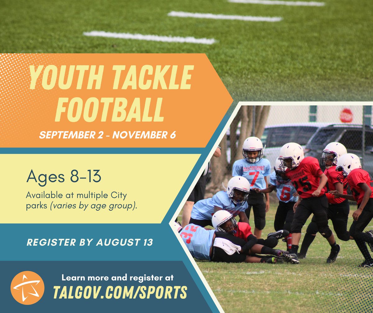 Time to touchdown on a great season! Tackle football registration is now open for youth ages 8-13 until Aug. 13. The fall season runs Sept. 2 through Nov. 6. Learn more and register at bit.ly/3yxIklE 🏈