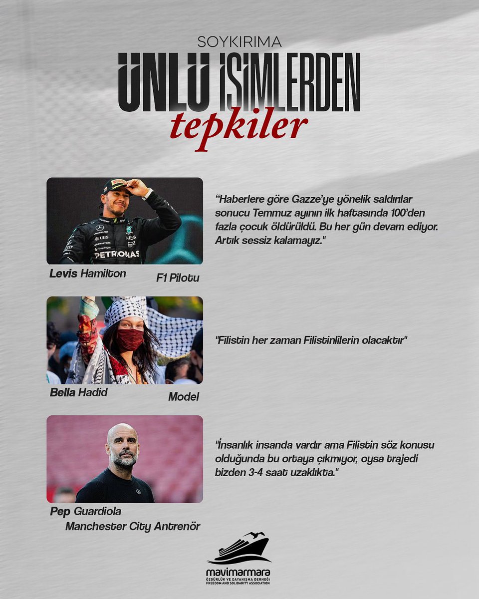 Zulme sessiz kalmak, suça ortak olmaktır❗️

Gazze’de her geçen gün daha da ağırlaşan abluka ve soykırıma  karşı, sadece vicdan sahibi halklar değil, dünyaca ünlü isimler de sessiz kalmıyor.

Sende sessiz kalma!
