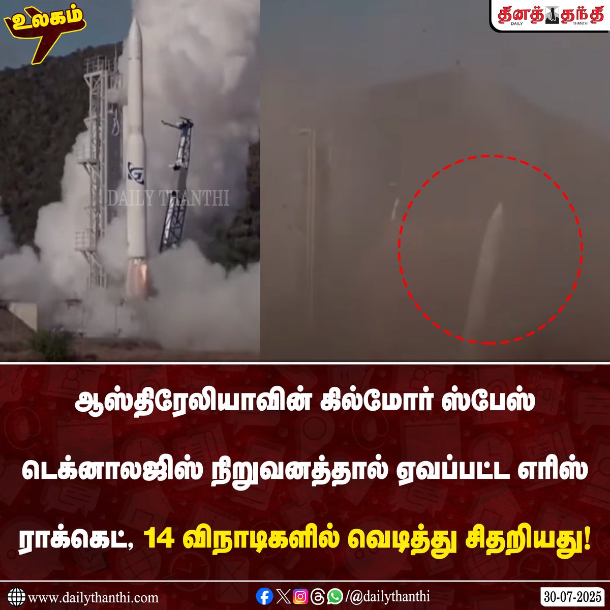 dinathanthi's tweet photo. #WorldNews | ஆஸ்திரேலியாவின் கில்மோர் ஸ்பேஸ் டெக்னாலஜிஸ் நிறுவனத்தால் ஏவப்பட்ட எரிஸ் ராக்கெட், 14 விநாடிகளில் வெடித்து சிதறியது.
#Australia | #GilmourSpaceTechnologies | #ErisRocket | #DailyThanthi https://t.co/DRg6KX4hZc