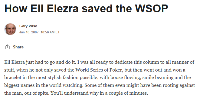 One of my favorite <a href="/elielezra1/">Eli Elezra</a> stories, on <a href="/espn/">ESPN</a> by Gary Wise.

Crazy that this was 18 years ago... 

The amounts of money discussed and being wagered had a lot more value/significance back then, before crypto and the High Roller circuit developed.

espn.com/espn/poker/col…