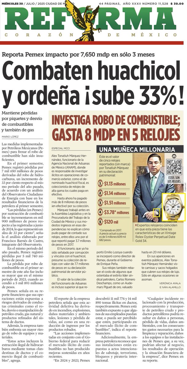 bereaguilarv's tweet photo. Mientras Pemex pierde 7,650 mdp por ordeña en 3 meses, el funcionario que debe investigar el huachicol se gasta 8 mdp en relojes de lujo y los paga en efectivo…

Lo único que fluye sin freno en este país es la impunidad. https://t.co/qdeBX7MHGe