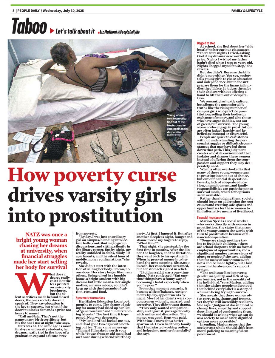#RutoMustGo

This story is so heartbreaking,  uni girls are driven into prostitution to afford tution fees and upkeep money.

With the new education funding model, i wonder how many more girls will be forced into "side hustle" by the rogue regime.