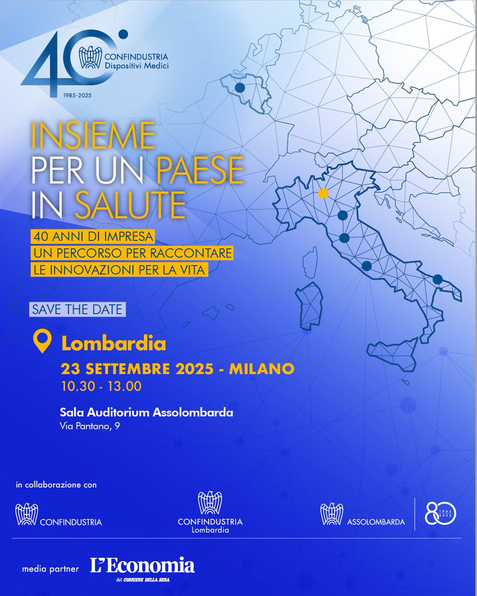 Insieme per un Paese in salute, la quarta tappa in Lombardia dal titolo “Dispositivi Medici: innovazione e imprese per la Sanità del futuro”.

📌23 settembre, ore 10:30 | Sala Auditorium Assolombarda, Milano

La partecipazione all’evento è gratuita e aperta al pubblico fino ad
