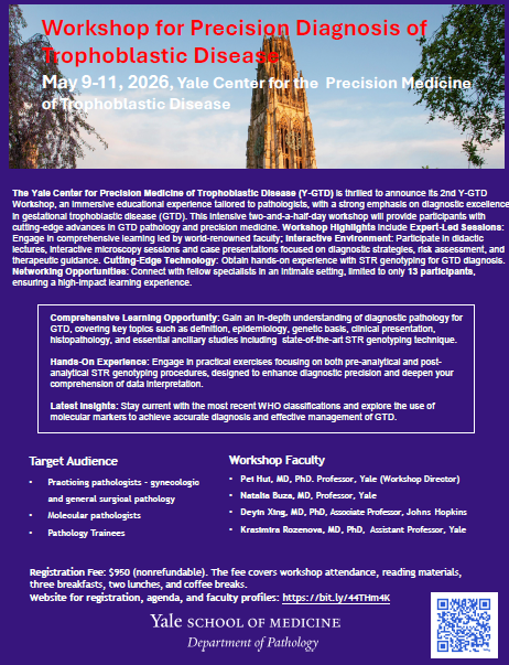 Yale Pathology (@yalepathology) on Twitter photo Mark Your Calendar! The second Yale Center for the Precision Medicine of Trophoblastic Disease Workshop is set for May 9-11, 2026 at <a href="/YaleMed/">Yale School of Medicine</a>. This immersive experience for pathologists will emphasize diagnostic excellence in gestational trophoblastic disease. Faculty include Mark Your Calendar! The second Yale Center for the Precision Medicine of Trophoblastic Disease Workshop is set for May 9-11, 2026 at <a href="/YaleMed/">Yale School of Medicine</a>. This immersive experience for pathologists will emphasize diagnostic excellence in gestational trophoblastic disease. Faculty include