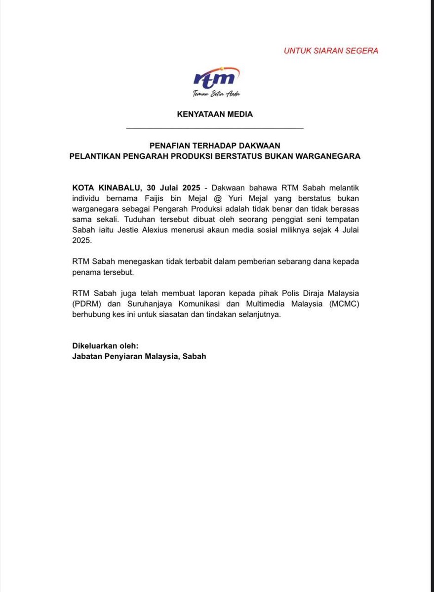 Kenyataan Media :
Penafian terhadap dakwaan pelantikan Pengarah Produksi berstatus bukan warganegara

#RTMSabah #RTMtemansetiaanda