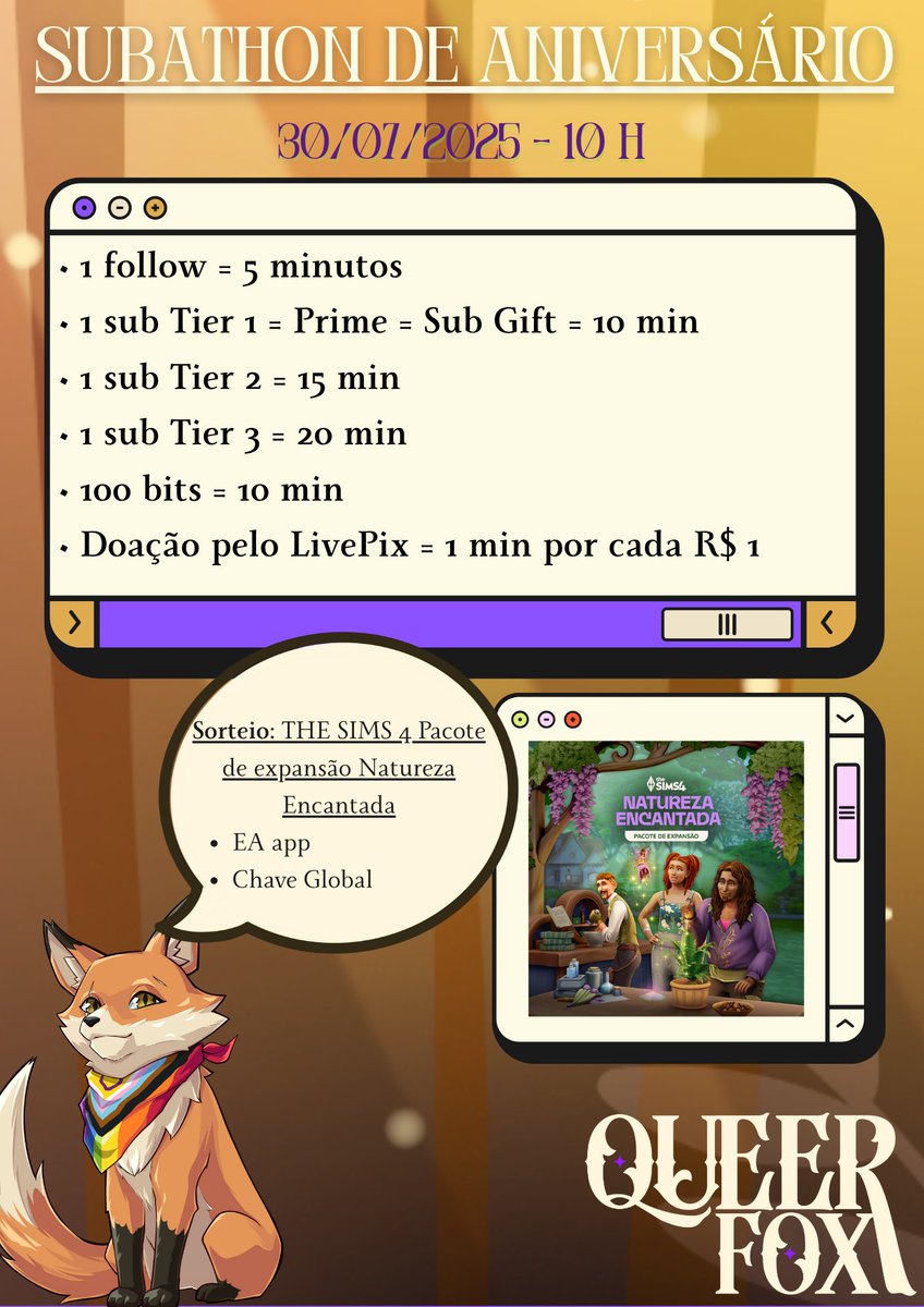 SUBATHON DE ANIVERSÁRIO ONLINE! Sorteio do pacote Natureza Encantada às 20h!

ttv/queerfox_
