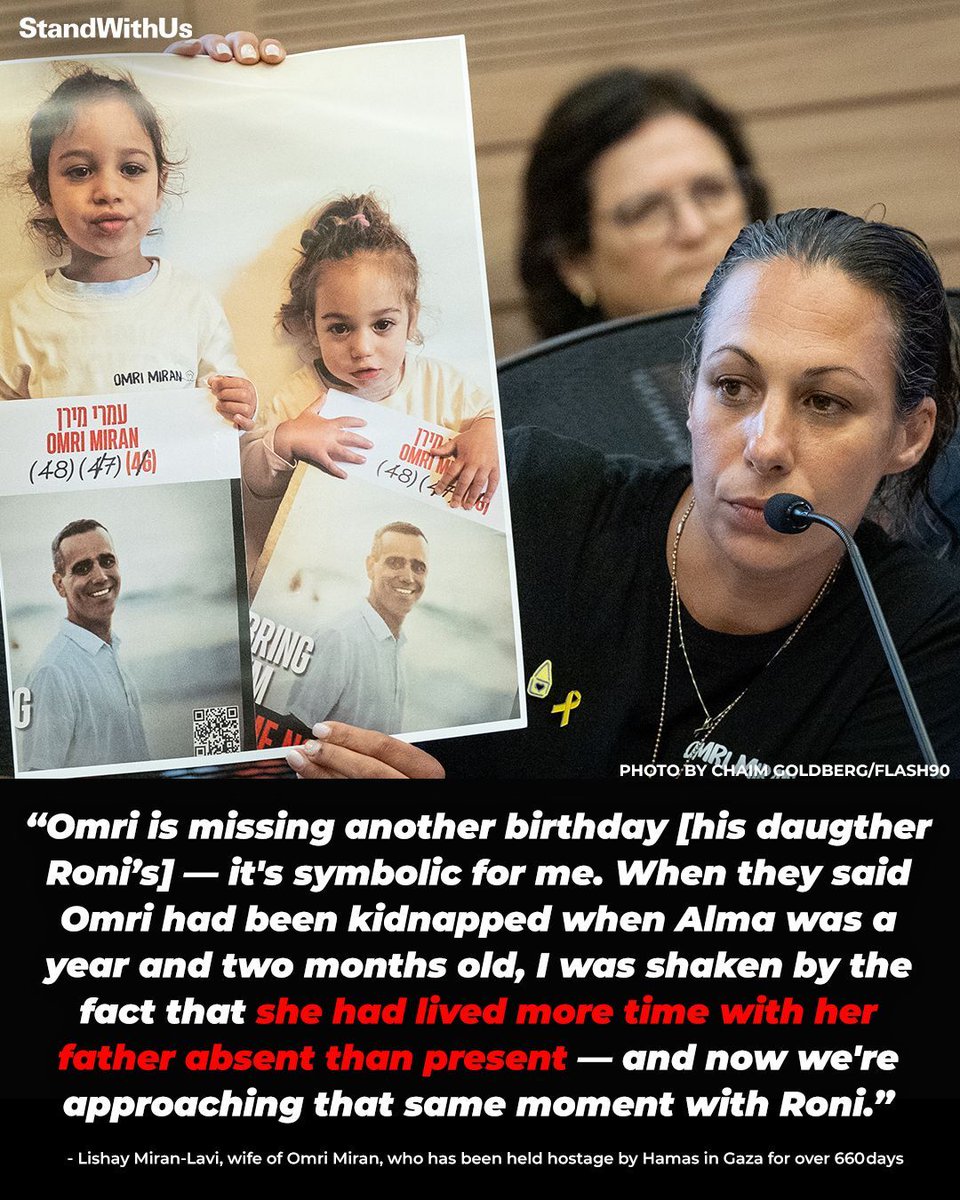 Heartbreaking words from Lishay Miran-Lavi, whose husband, Omri Miran, was kidnapped by Hamas from Kibbutz Nahal Oz in southern Israel during the October 7, 2023 massacre. 

Today, his daughter Roni turned 4 years old while he has been held in captivity in Gaza for over 660 days.
