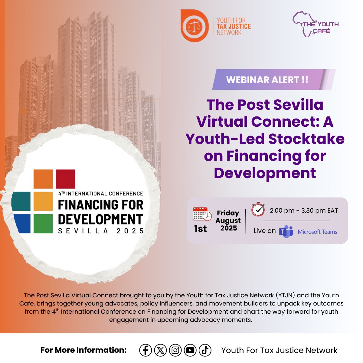 Youth_TJN's tweet image. It’s been a month since we gathered in Seville, Spain 🇪🇸 for the 4th International Conference on #FinancingforDevelopment!
As we gear up for upcoming #advocacymilestones, we’re teaming up with @TheYouthCafe to host the Post-Sevilla #VirtualConnect 🗣️, which is a youth-led space…