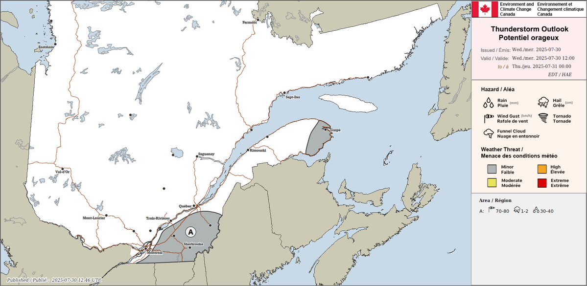 ECCC Weather Quebec (@ecccweatherqc) on Twitter photo Thunderstorm outlook for Quebec valid today, July 30.
Any report of damage can be sent to Environment and Climate Change Canada using #QCstorm or by emailing QCstorm@ec.gc.ca. Thunderstorm outlook for Quebec valid today, July 30.
Any report of damage can be sent to Environment and Climate Change Canada using #QCstorm or by emailing QCstorm@ec.gc.ca.