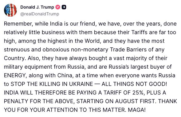 sudhirchaudhary's tweet photo. BREAKING : US President Donald Trump has announced a 25% tariff on India! He wants to penalise India  for buying oil and weapons from Russia. Is America a friend or just a trader? https://t.co/nnAZTyn2eJ