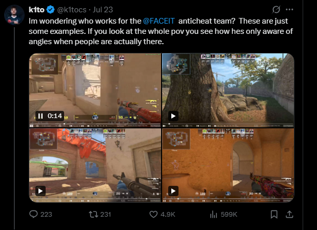 fluxWcs2's tweet photo. @FACEIT_Darwin @FACEITSupport 
Can you look into this? He's an obvious cheater. Just watch the demo and watch K1TO's clips. Please look into this. I've played 2 matches on him and I won't get my elo back soon because 100 matches have passed.He had 2k elo his whole life btw https://t.co/85mXSB4hwF