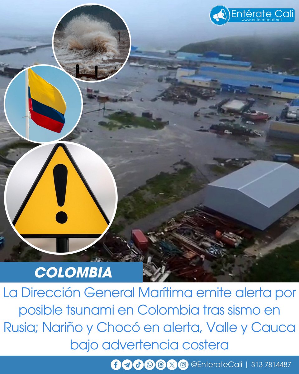 EnterateCali's tweet photo. La Dirección General Marítima (Dimar) emitió una alerta por posibles olas de tsunami en la costa Pacífica colombiana, tras el sismo de magnitud 8.8 Mw ocurrido en Rusia. 🇨🇴🌊⚠️

Nariño y Chocó están en alerta roja, mientras que Valle y Cauca tienen advertencia por el posible comportamiento del mar. Las autoridades piden precaución en estas zonas.

Se estima que la primera ola podría llegar entre las 10:03 a.m. y las 12:20 p.m., según la ubicación. La situación sigue en monitoreo. 🕘👁️📡