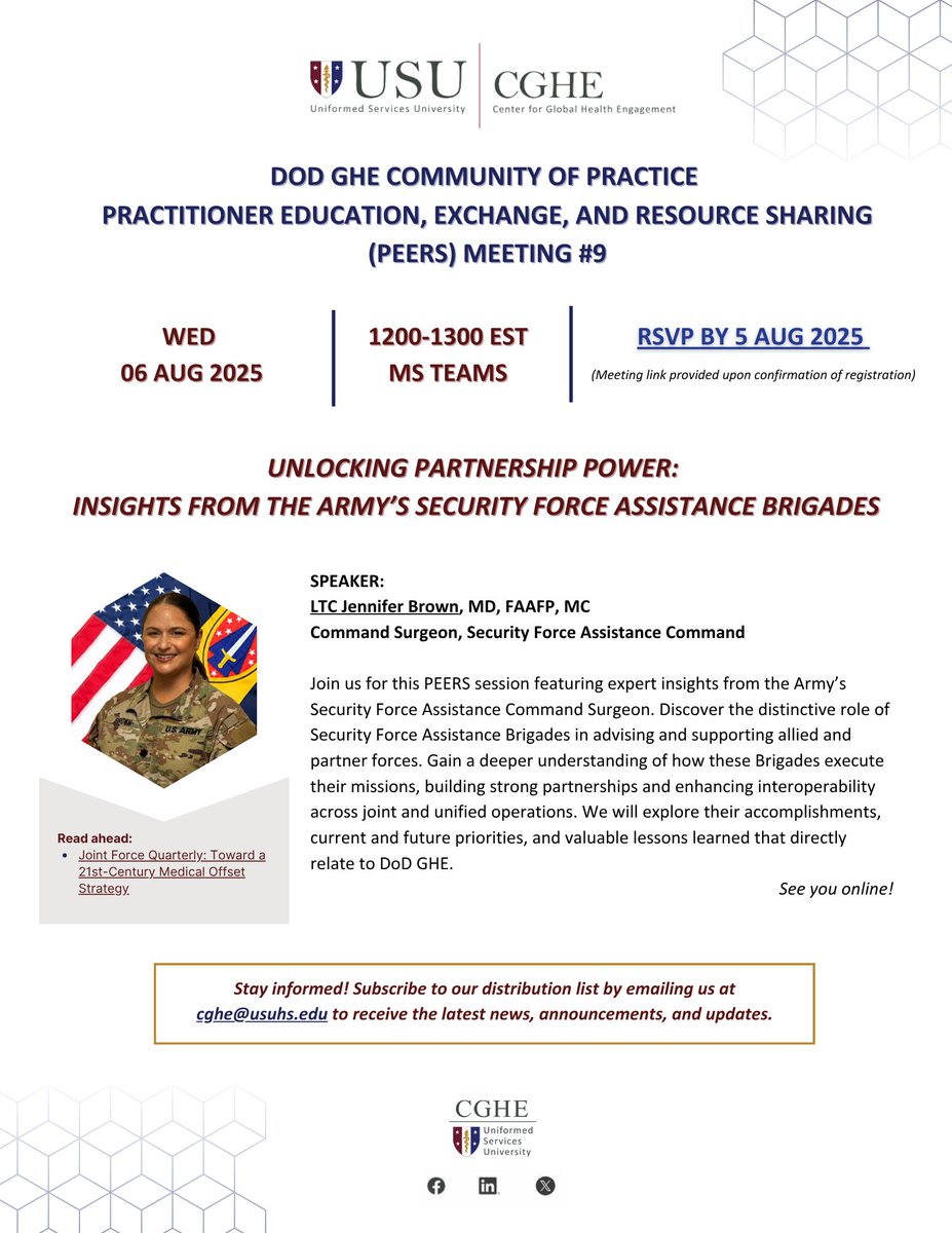theCGHE's tweet photo. ⏳ T-minus One Week for PEERS #9!

Don’t miss your chance to join us for PEERS #9 featuring LTC Jennifer Brown:
🗓️ WED, 6 AUG 2025 | 🕛 1200–1300 ET | 💻 MS Teams
🔗 RSVP: https://t.co/WxzuEbkw75
📖 Read-ahead: https://t.co/YIafKItXbI

📧 Questions? Reach us at cghe@usuhs.edu https://t.co/0sLCQeFqra