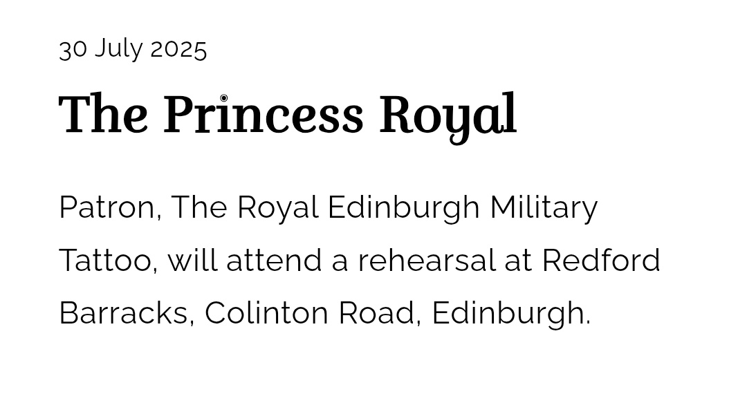 #PrincessAnne 

✨️ Today, Princess Anne will attend a rehearsal of The Royal Edinburgh Military Tattoo at Redford Barracks.