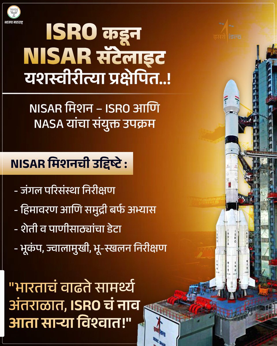 "भारताचं वाढते सामर्थ्य अंतराळात, ISROचं नाव आता साऱ्या विश्वात!"

ISRO कडून NISAR सॅटेलाइट यशस्वीरीत्या प्रक्षेपित..! NISAR मिशन – ISRO आणि NASA यांचा संयुक्त उपक्रम आहे. 

#NISAR #GSLVF16 #ISRO #NASA