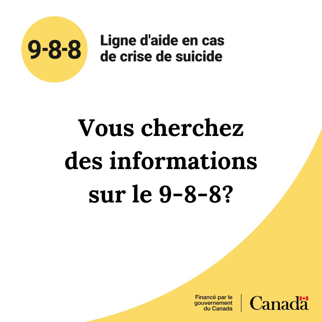 Si vous cherchez des informations sur le 9-8-8 mais vous n'êtes pas en détresse ou inquiet pour quelqu'un d'autre, vous pouvez nous envoyer un message à tout moment via notre site web: 988.ca/fr/pour-nous-j… #988Canada
