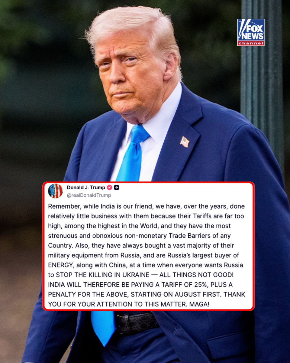 JUST IN: President <a href="/realDonaldTrump/">Donald J. Trump</a> announces a 25% tariff on India.